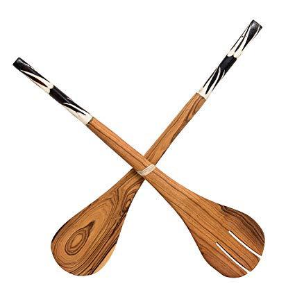 Traditional African salad servers set / Hand curved olive wood Spoon